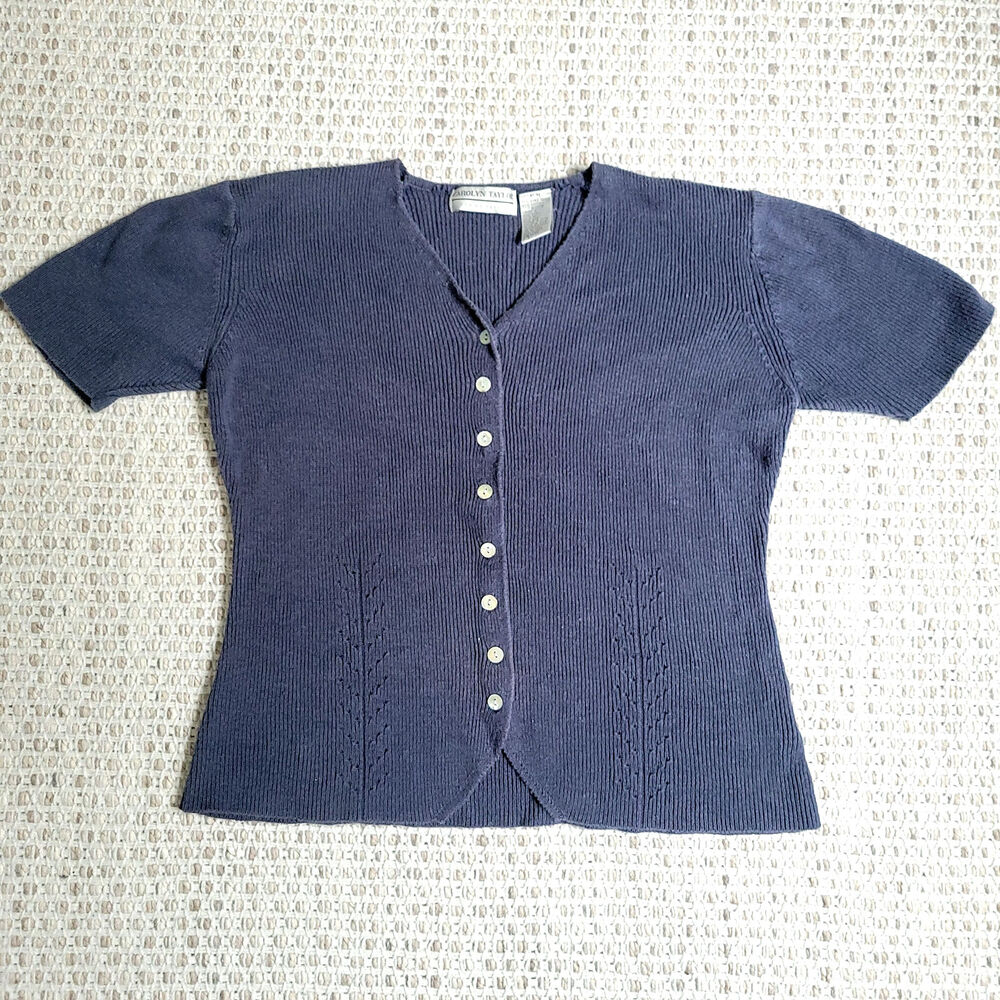 Vintage 90s Carolyn Taylor Top Womens M Navy Blue Knit Button-up Short Sleeve